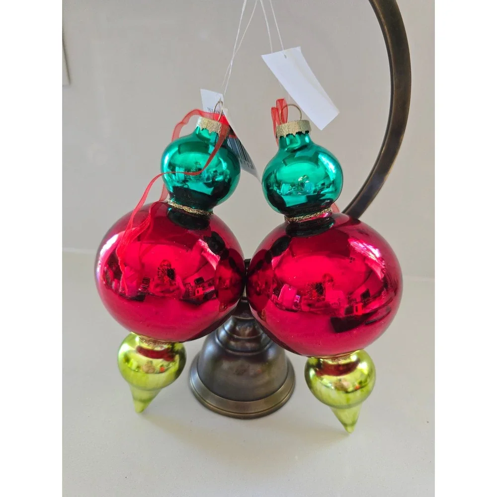 The Gerson Co Set of 2 Red Green Gold Glass Reflector Finial Ornaments 7 in New